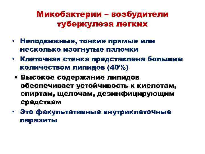 Микобактерии – возбудители туберкулеза легких • Неподвижные, тонкие прямые или несколько изогнутые палочки •