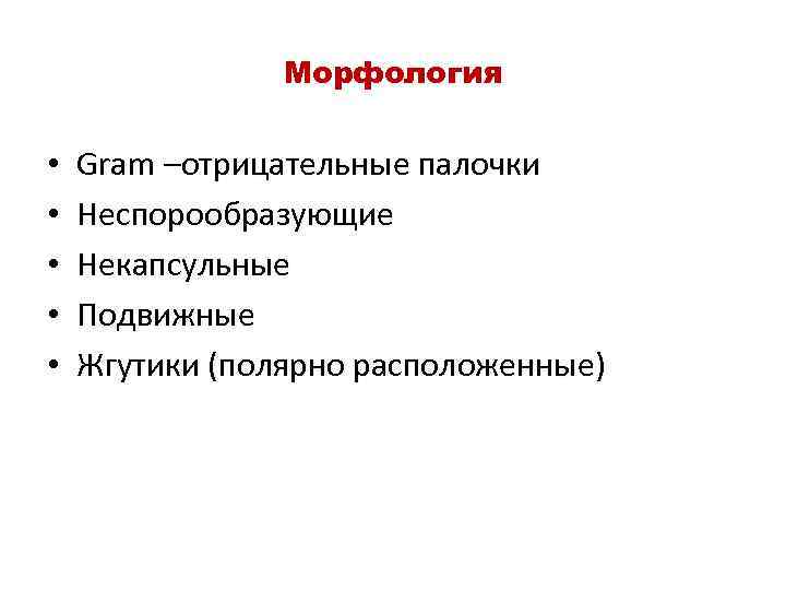 Морфология • • • Gram –отрицательные палочки Неспорообразующие Некапсульные Подвижные Жгутики (полярно расположенные) 