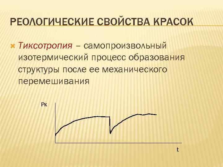 РЕОЛОГИЧЕСКИЕ СВОЙСТВА КРАСОК Тиксотропия – самопроизвольный изотермический процесс образования структуры после ее механического перемешивания