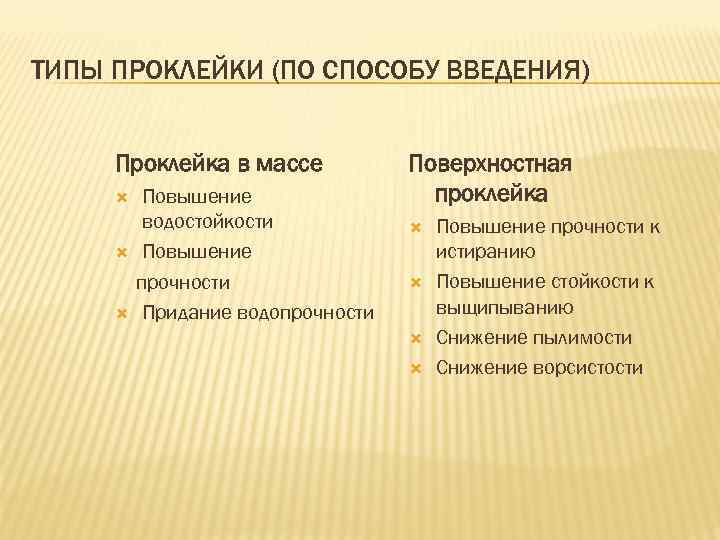 ТИПЫ ПРОКЛЕЙКИ (ПО СПОСОБУ ВВЕДЕНИЯ) Проклейка в массе Повышение водостойкости Повышение прочности Придание водопрочности