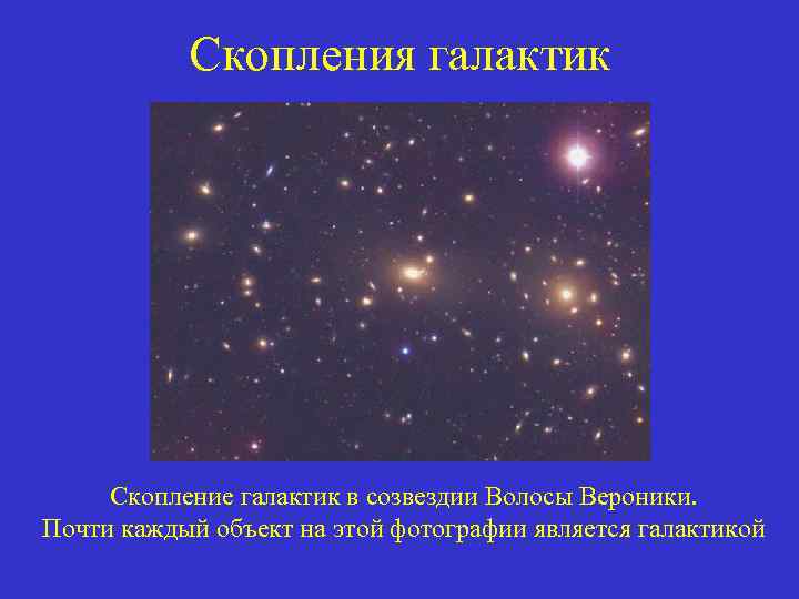 Скопления галактик Скопление галактик в созвездии Волосы Вероники. Почти каждый объект на этой фотографии