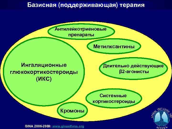 Базисная (поддерживающая) терапия Антилейкотриеновые препараты Метилксантины Ингаляционные глюкокортикостероиды (ИКС) Длительно действующие β 2 -агонисты