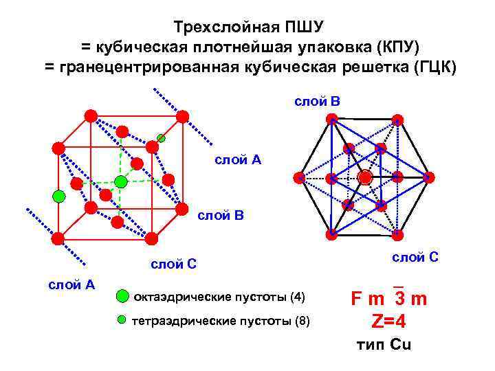 Трехслойная ПШУ = кубическая плотнейшая упаковка (КПУ) = гранецентрированная кубическая решетка (ГЦК) слой B