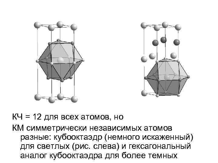 КЧ = 12 для всех атомов, но КМ симметрически независимых атомов разные: кубооктаэдр (немного