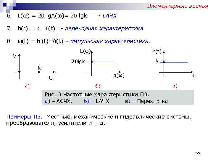 Элементарные звенья 6. L(ω) = 20∙lg. A(ω)= 20∙lgk - LАЧХ 7. h(t) = k