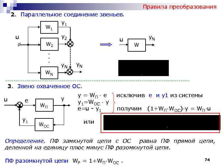 Правила преобразования 2. Параллельное соединение звеньев. y 1 W 1 y 2 u u