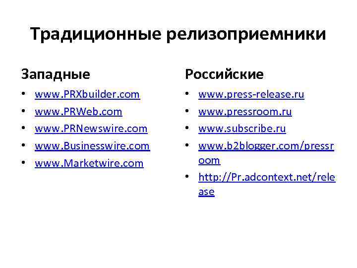 Традиционные релизоприемники Западные • • • www. PRXbuilder. com www. PRWeb. com www. PRNewswire.