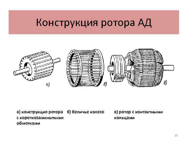 Конструкция ротора АД а) конструкция ротора б) беличье колесо с короткозамкнытыми обмотками в) ротор