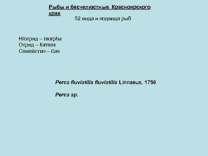Рыбы и бесчелюстные Красноярского края 52 вида и подвида рыб Н/отряд – morpha Отряд