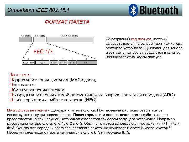 Стандарт IEEE 802. 15. 1 ФОРМАТ ПАКЕТА FEC 1/3. 72 -разрядный код доступа, который