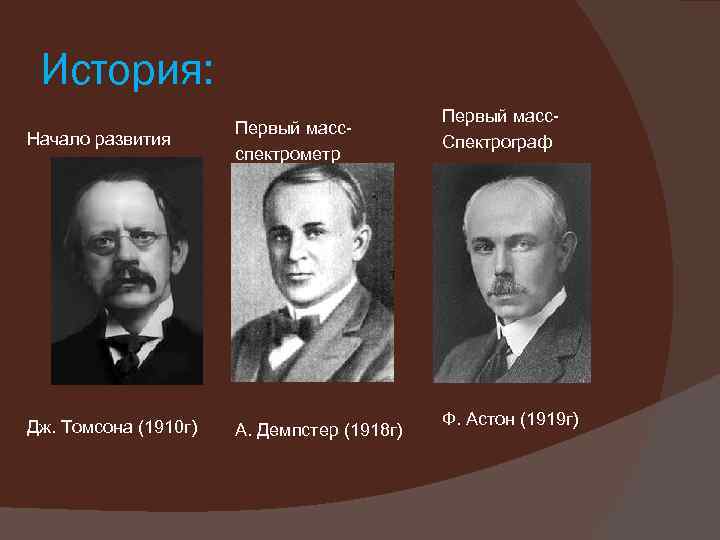 История: Начало развития Первый масс- спектрометр Дж. Томсона (1910 г) А. Демпстер (1918 г)