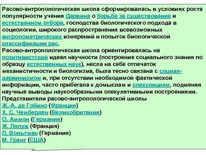 Расово-антропологическая школа сформировалась в условиях роста популярности учения Дарвина о борьбе за существование и