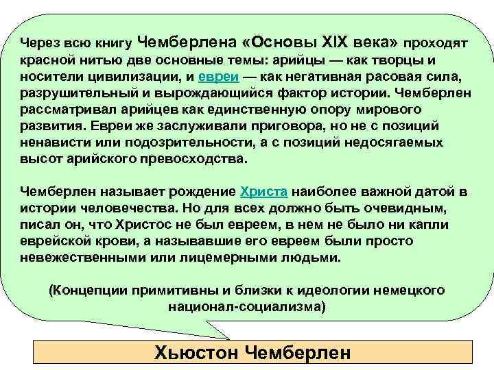 Через всю книгу Чемберлена «Основы XIX века» проходят красной нитью две основные темы: арийцы