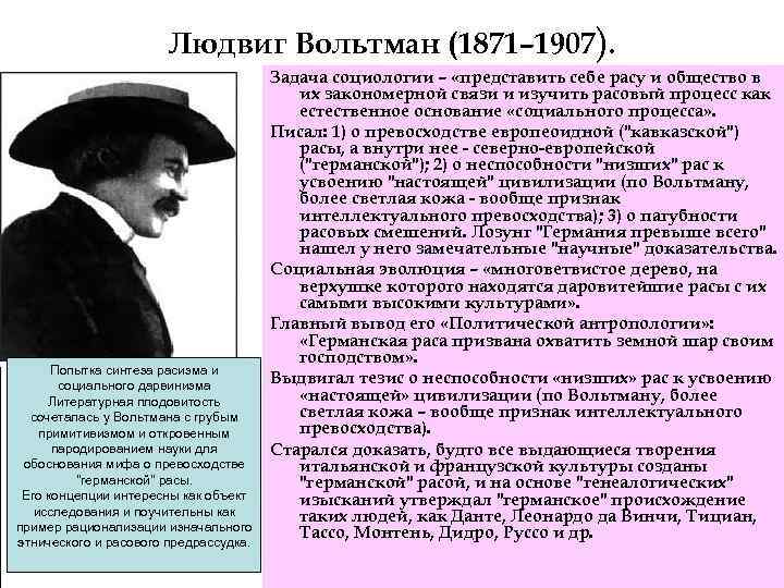 Людвиг Вольтман (1871– 1907). Попытка синтеза расизма и социального дарвинизма Литературная плодовитость сочеталась у