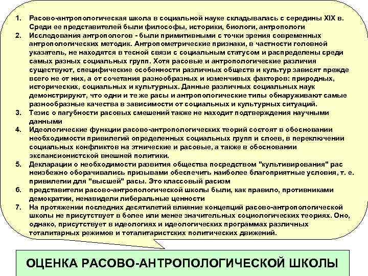 1. 2. 3. 4. 5. 6. 7. Расово-антропологическая школа в социальной науке складывалась с