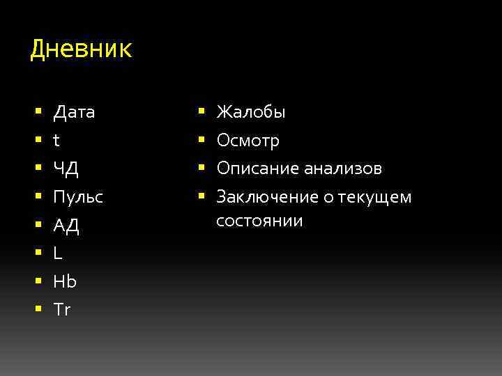 Дневник Дата t ЧД Пульс АД L Hb Tr Жалобы Осмотр Описание анализов Заключение