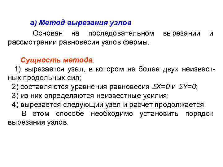 а) Метод вырезания узлов Основан на последовательном рассмотрении равновесия узлов фермы. вырезании и Сущность