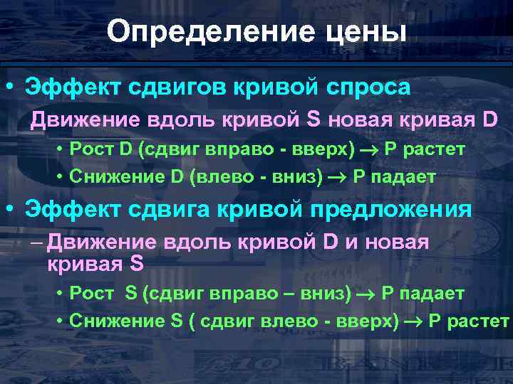 Определение цены • Эффект сдвигов кривой спроса Движение вдоль кривой S новая кривая D