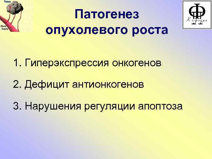 Патогенез опухолевого роста 1. Гиперэкспрессия онкогенов 2. Дефицит антионкогенов 3. Нарушения регуляции апоптоза 