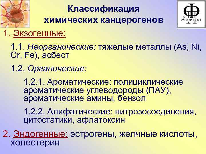 Классификация химических канцерогенов 1. Экзогенные: 1. 1. Неорганические: тяжелые металлы (As, Ni, Cr, Fe),