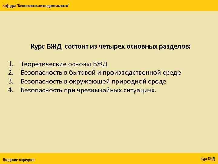  1. 2. 3. 4. Курс БЖД состоит из четырех основных разделов: Теоретические основы