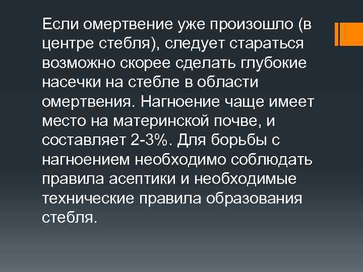 Если омертвение уже произошло (в центре стебля), следует стараться возможно скорее сделать глубокие насечки