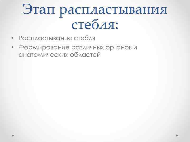 Этап распластывания стебля: • Распластывание стебля • Формирование различных органов и анатомических областей 