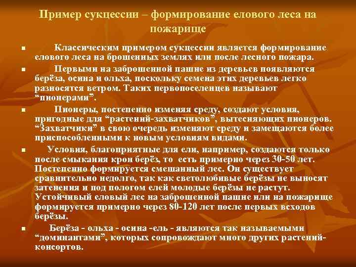 Пример сукцессии – формирование елового леса на пожарище n n n Классическим примером сукцессии