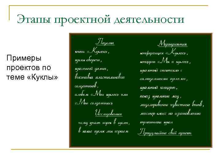 Этапы проектной деятельности Примеры проектов по теме «Куклы» 