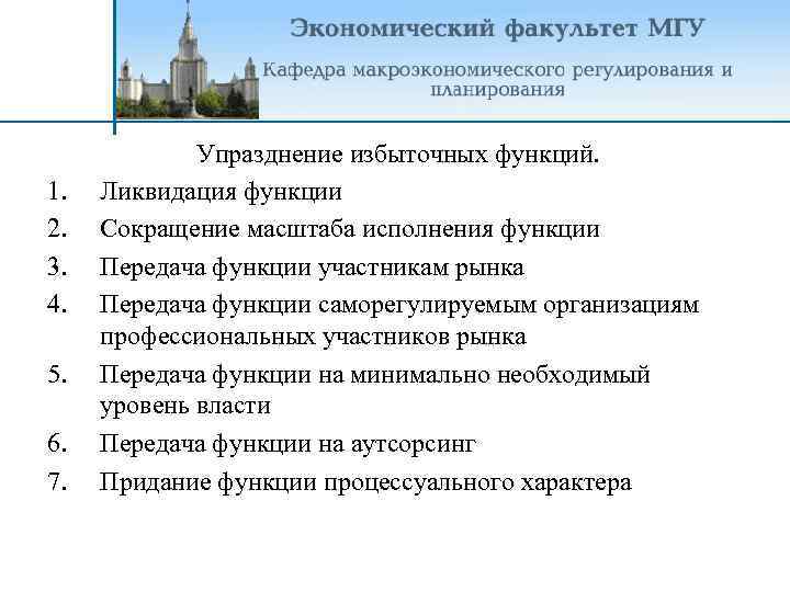 1. 2. 3. 4. 5. 6. 7. Упразднение избыточных функций. Ликвидация функции Сокращение масштаба