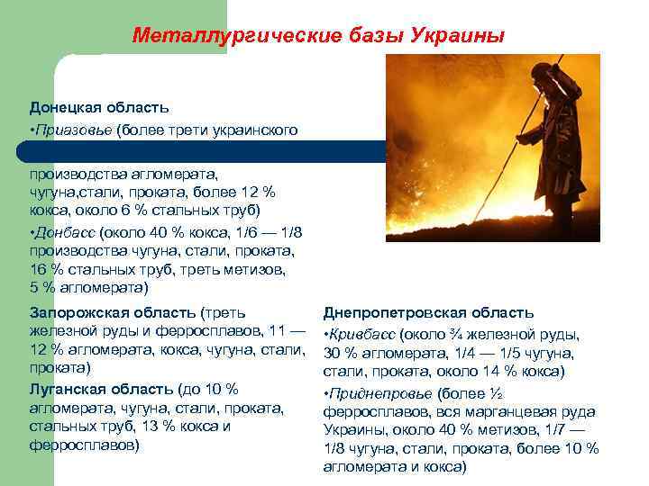 Металлургические базы Украины Донецкая область • Приазовье (более трети украинского производства агломерата, чугуна, стали,