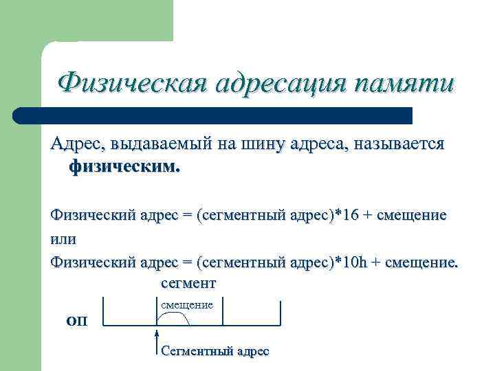 Физическая адресация памяти Адрес, выдаваемый на шину адреса, называется физическим. Физический адрес = (сегментный