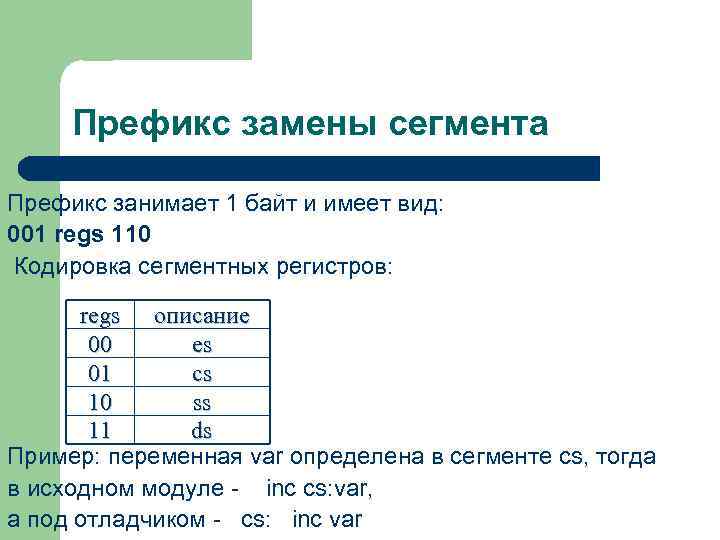 Префикс замены сегмента Префикс занимает 1 байт и имеет вид: 001 regs 110 Кодировка