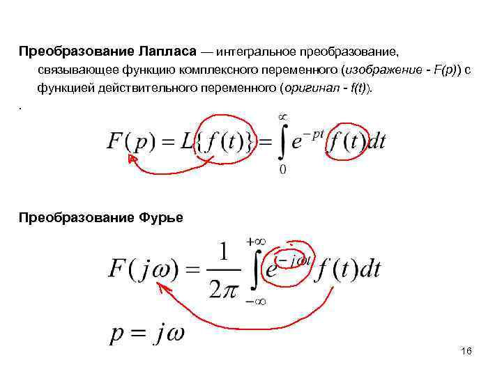 Преобразование Лапласа — интегральное преобразование, связывающее функцию комплексного переменного (изображение - F(p)) с функцией