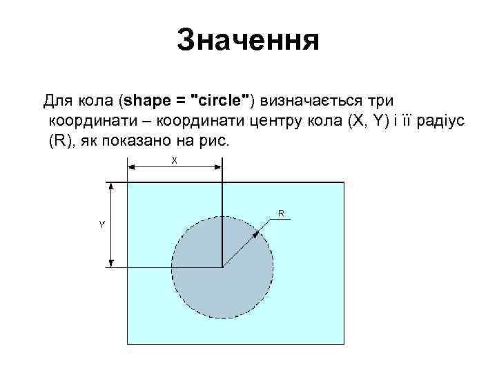 Значення Для кола (shape = "circle") визначається три координати – координати центру кола (X,