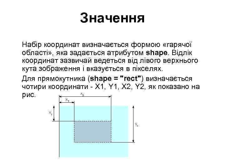 Значення Набір координат визначається формою «гарячої області» , яка задається атрибутом shape. Відлік координат