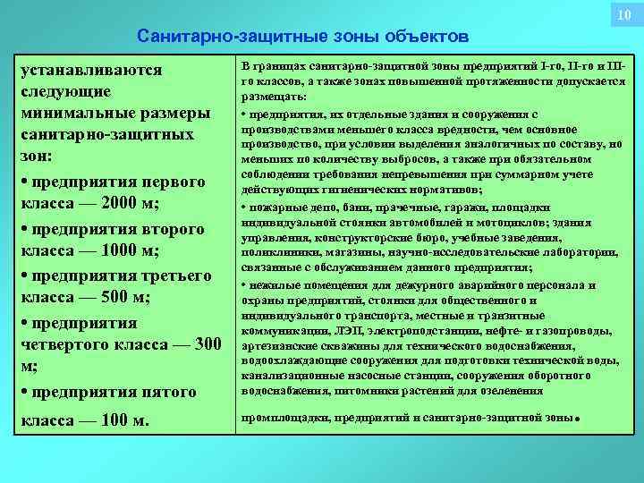 10 Санитарно-защитные зоны объектов устанавливаются следующие минимальные размеры санитарно-защитных зон: • предприятия первого класса