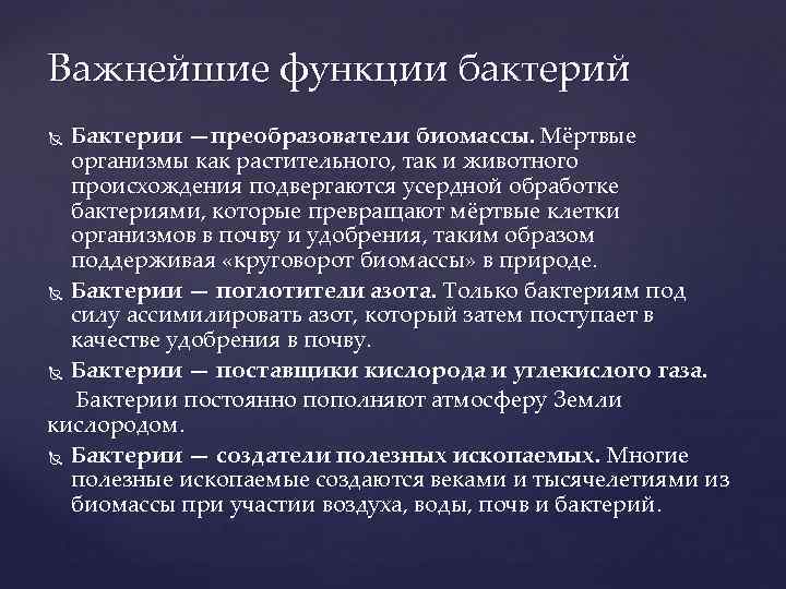 Важнейшие функции бактерий Бактерии —преобразователи биомассы. Мёртвые организмы как растительного, так и животного происхождения