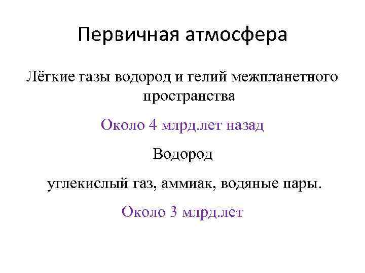 Первичная атмосфера Лёгкие газы водород и гелий межпланетного пространства Около 4 млрд. лет назад