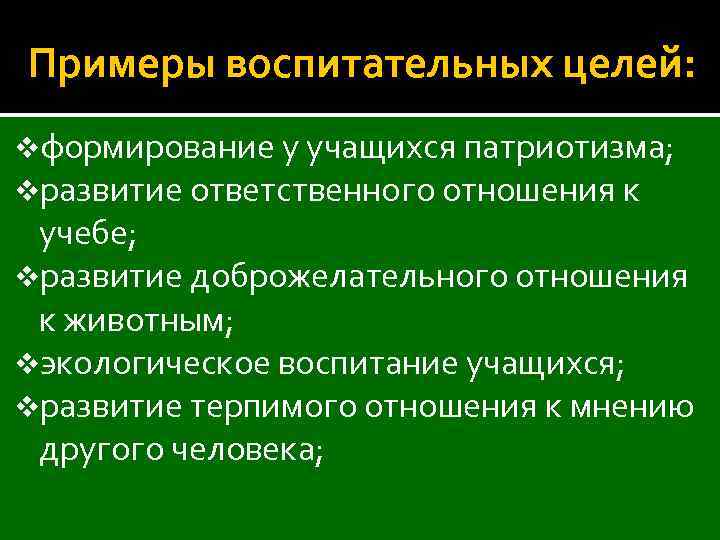 Примеры воспитательных целей: vформирование у учащихся патриотизма; vразвитие ответственного отношения к учебе; vразвитие доброжелательного