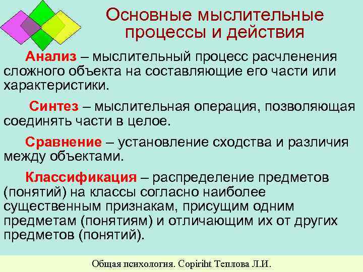 Основные мыслительные процессы и действия Анализ – мыслительный процесс расчленения сложного объекта на составляющие