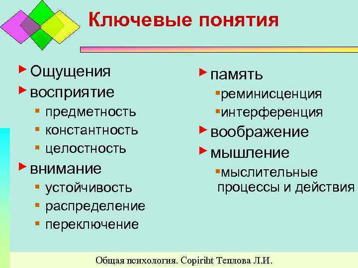 Ключевые понятия ▶ Ощущения ▶ восприятие ▪ предметность ▪ константность ▪ целостность ▶ внимание