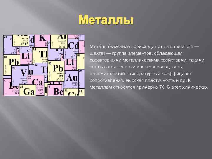 Металлы Мета лл (название происходит от лат. metallum — шахта) — группа элементов, обладающая