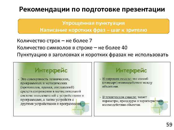 Рекомендации по подготовке презентации Упрощенная пунктуация Написание коротких фраз – шаг к зрителю Количество