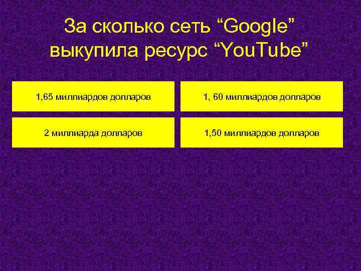 За сколько сеть “Google” выкупила ресурс “You. Tube” 1, 65 миллиардов долларов 1, 60