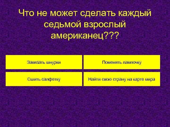 Что не может сделать каждый седьмой взрослый американец? ? ? Завязать шнурки Поменять лампочку