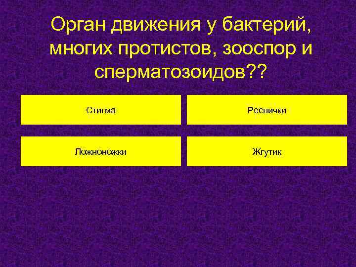 Орган движения у бактерий, многих протистов, зооспор и сперматозоидов? ? Стигма Реснички Ложноножки Жгутик