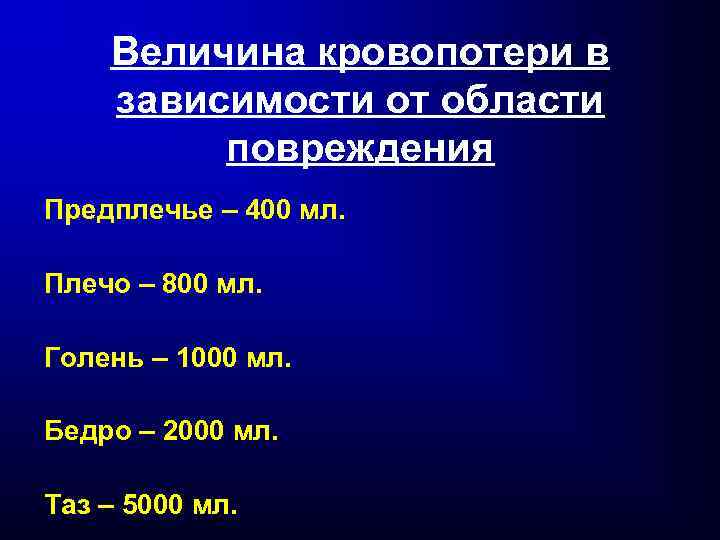 Величина кровопотери в зависимости от области повреждения Предплечье – 400 мл. Плечо – 800