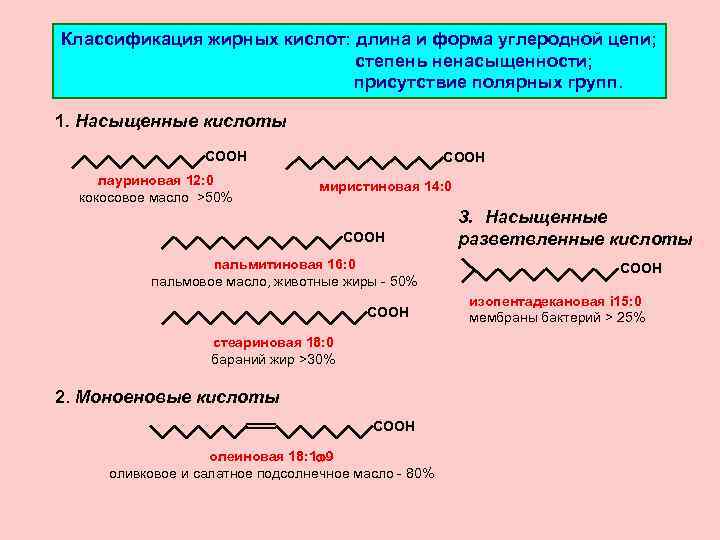 Классификация жирных кислот: длина и форма углеродной цепи; степень ненасыщенности; присутствие полярных групп. 1.