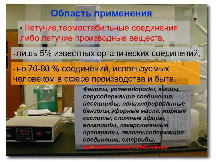 Область применения • Летучие, термостабильные соединения либо летучие производные веществ, • лишь 5% известных